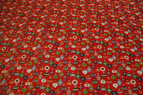 Christmas Baubles with Metallic Gold on Red Cotton