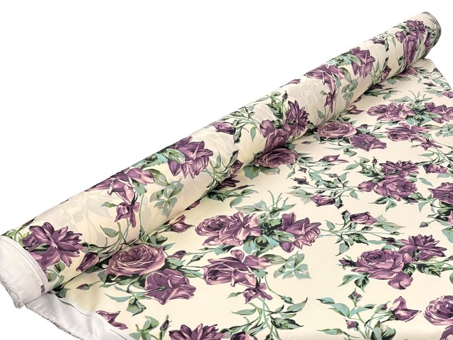 Dusky Purple Roses on Cream Printed Stretch Satin