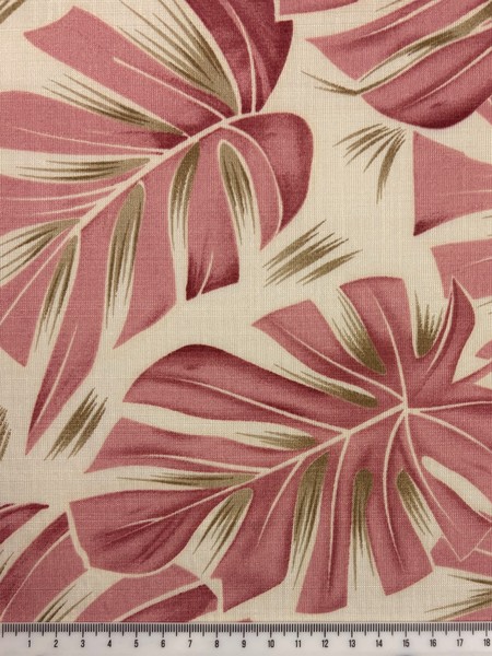 Rose Pink Palm Leaves on Ivory Printed Bamboo Cotton Blend