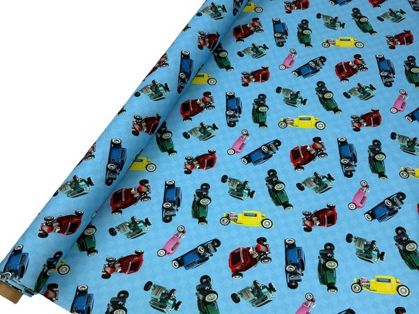 Hot Rods on Blue Printed Cotton