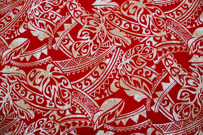 Red & Beige on White Pasifika Leaf Design Cotton