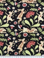Bunnies in the Garden on Black Printed Cotton