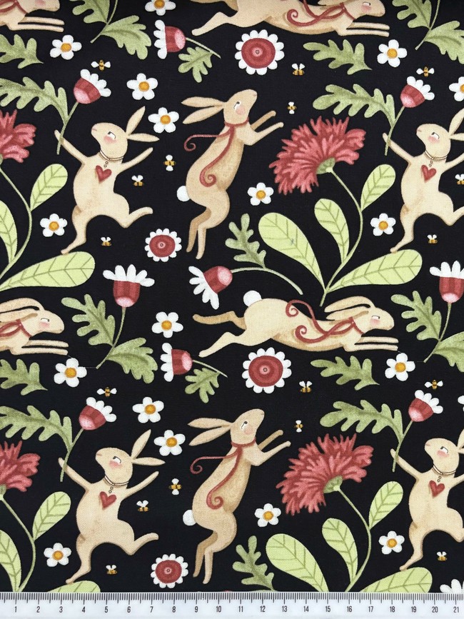 Bunnies in the Garden on Black Printed Cotton