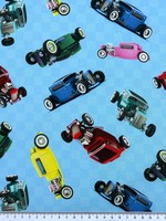 Hot Rods on Blue Printed Cotton