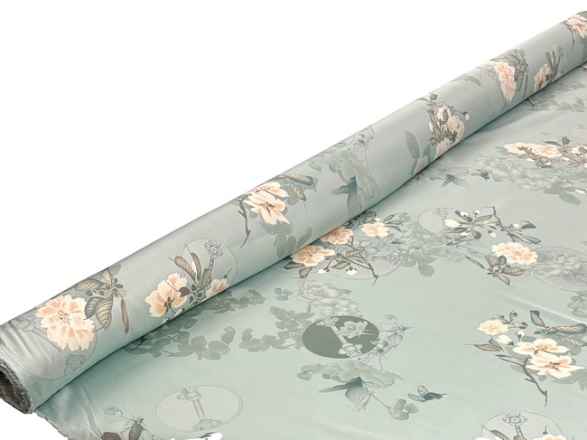 Hedgerow Blossoms on Vintage Sage Printed Stretch Satin
