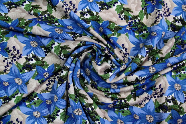  Blues & Silver Star Flower Printed Rayon