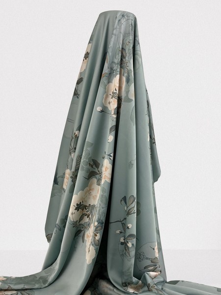 Hedgerow Blossoms on Vintage Sage Printed Stretch Satin