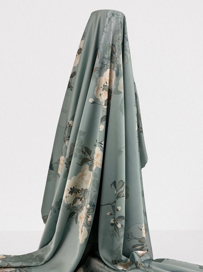 Hedgerow Blossoms on Vintage Sage Printed Stretch Satin