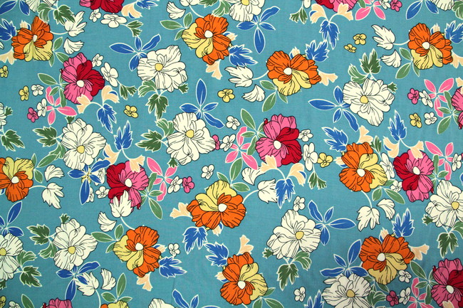 Pretty Geraniums on Dusky Blue Rayon