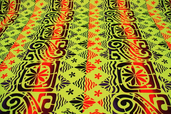 Orange, Purple & Black Island Print on Fluoro Yellow Knit