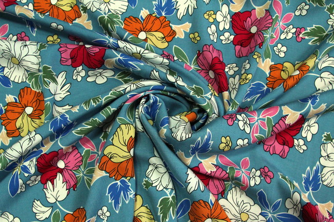 Pretty Geraniums on Dusky Blue Rayon