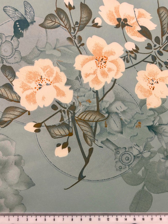 Hedgerow Blossoms on Vintage Sage Printed Stretch Satin