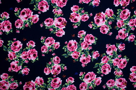 Pink Roses & Butterflys on Dark Navy Printed Rayon