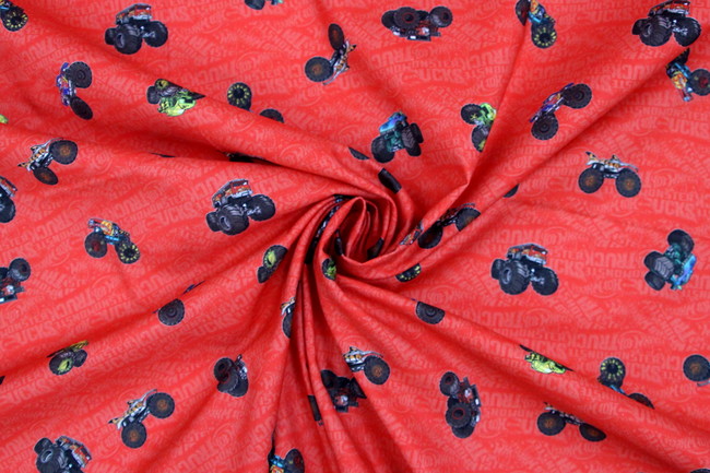 Hot Wheels Monster Trucks on Red Premium Printed Cotton