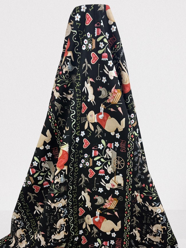 Hop Hop Hooray! Bunnies on Black Printed Cotton