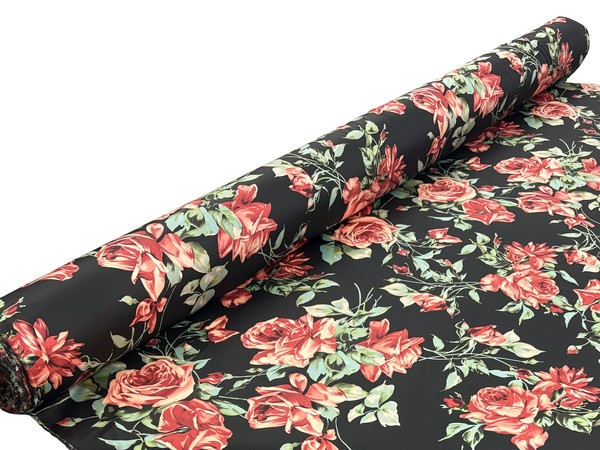 Dusky Red Roses on Black Printed Stretch Satin