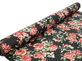 Dusky Red Roses on Black Printed Stretch Satin