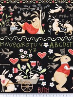 Hop Hop Hooray! Bunnies on Black Printed Cotton