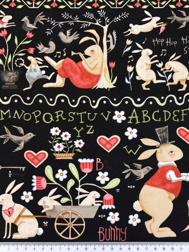 Hop Hop Hooray! Bunnies on Black Printed Cotton