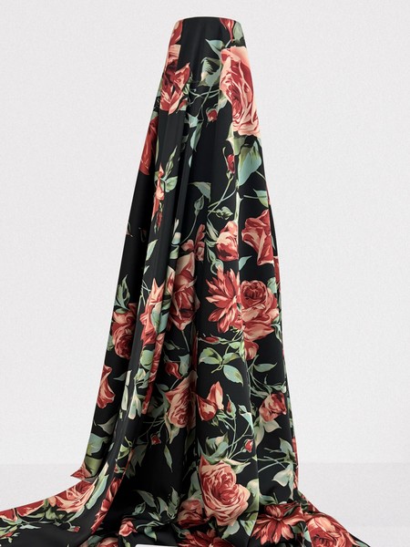 Dusky Red Roses on Black Printed Stretch Satin