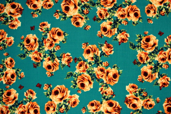 Orange Roses & Butterflys on Teal Printed Rayon