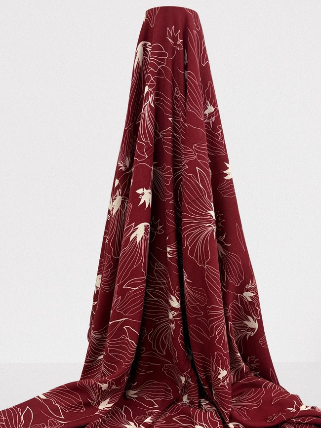 Ivory Flowers on Maroon Linen Blend