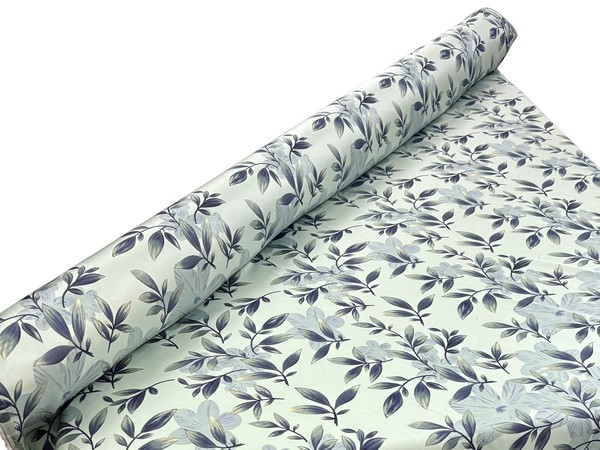 Navy & Gold Leaves on Seagreen Sage Printed Stretch Satin
