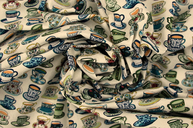 Teacups on Cream Kiwiana Cotton