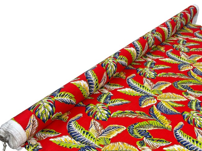 Palm Leaves on Red Linen Cotton Blend