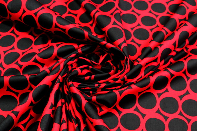 Red Retro Circles on Black Printed Cotton 