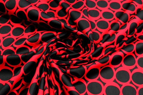 Red Retro Circles on Black Printed Cotton 
