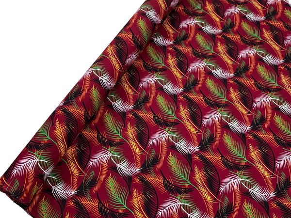 Fronds of Black, Green & Warm Tones on Burgundy Rayon