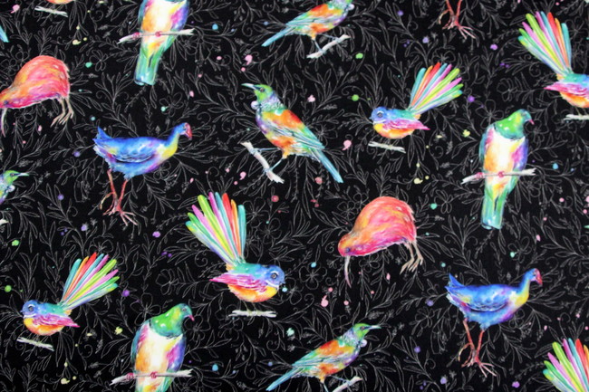 New Zealand Native Birds Kiwiana Black Printed Cotton