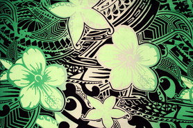Green Tones Pacific Design on Black Printed  Cotton