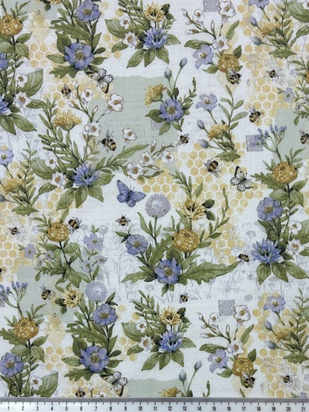 Flowers & Honeycomb on Soft White Printed Cotton
