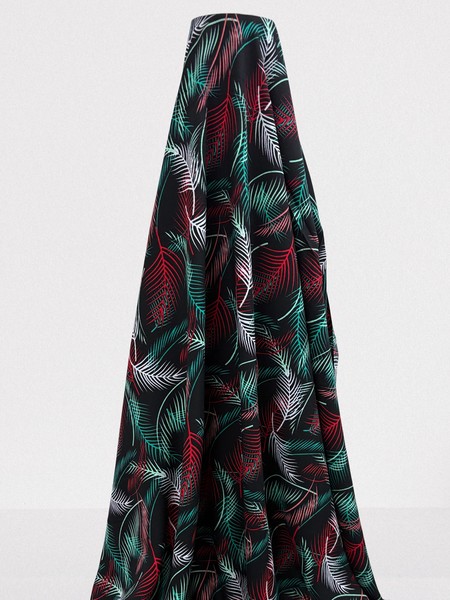 Fronds of White, Green & Red on Black Rayon