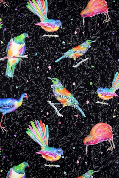 New Zealand Native Birds Kiwiana Black Printed Cotton