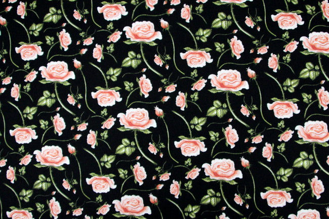 Vintage Pink Roses on Black Printed Cotton