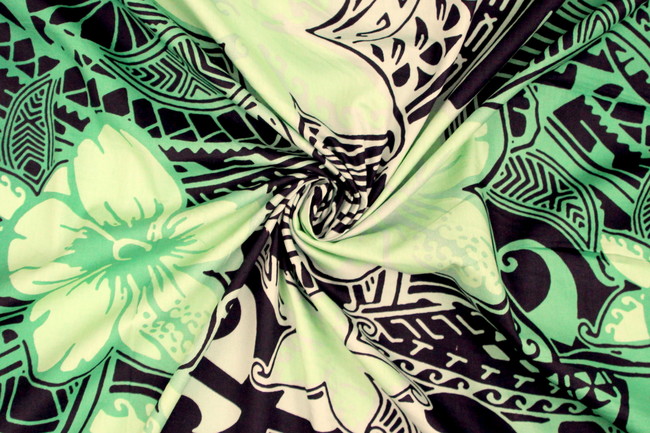 Green Tones Pacific Design on Black Printed Cotton