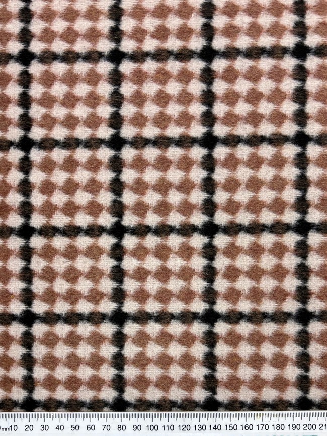 Pinky Brown, Cream & Black Diamond Check Brushed Wool