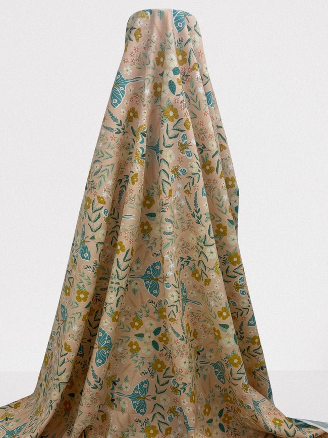 Retro Moths & Hedgerow Flowers on Pale Apricot Printed Cotton