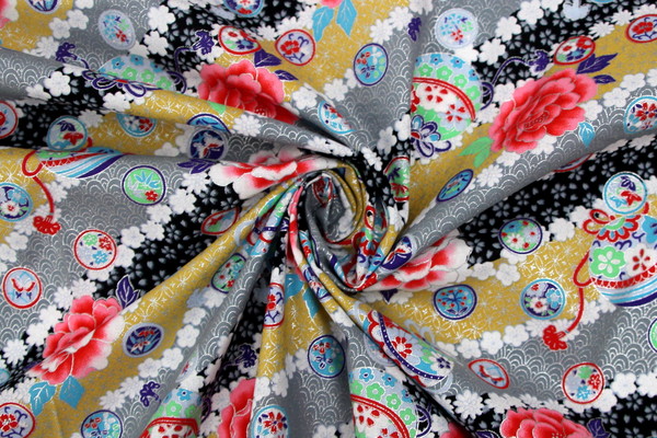 Multi Diagonal Floral with Metallic Silver on Japanese Premium Printed Cotton