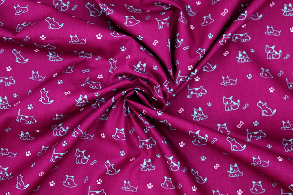 Aqua Dogs on Magenta Printed Cotton