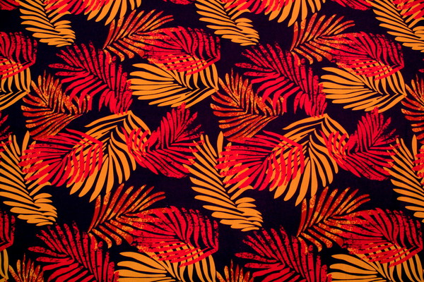 Oranges & Red on Deep Burgundy Pasifika Palms Cotton