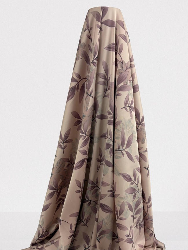 Dusky Mauve Floral on Primrose Pink Printed Stretch Satin