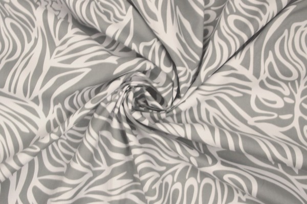 White Palms Outline on Pale Grey Mid-Weight Rayon