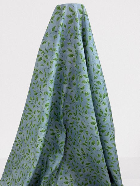 Leafy Sprigs on Marbled Sky Blue Printed Cotton