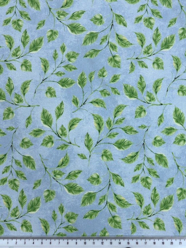 Leafy Sprigs on Marbled Sky Blue Printed Cotton