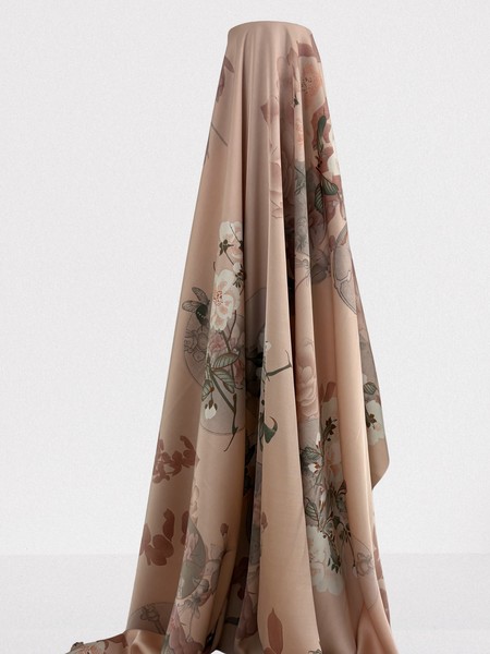 Hedgerow Blossoms on Pale Musk Pink Printed Stretch Satin