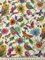 Luminous Birds, Butterflies & Flowers on White Premium Cotton